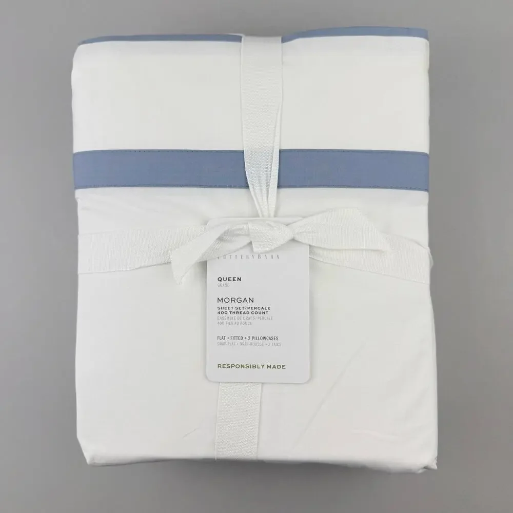Pottery Barn Morgan Sheet Set QUEEN Organic Percale 400TC White Blue FLAW